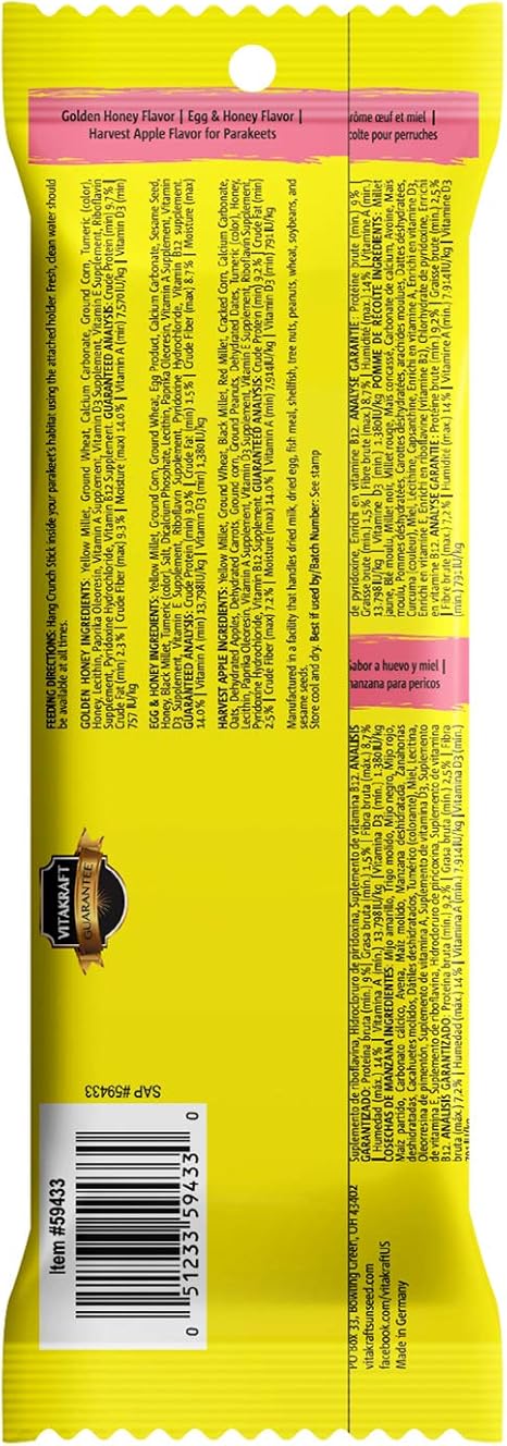 Vitakraft 59433 Crunch Sticks Parakeet Treat - Honey, Egg, and Apple- Pet Bird Treat Toy - Variety Pack, 2.5 oz