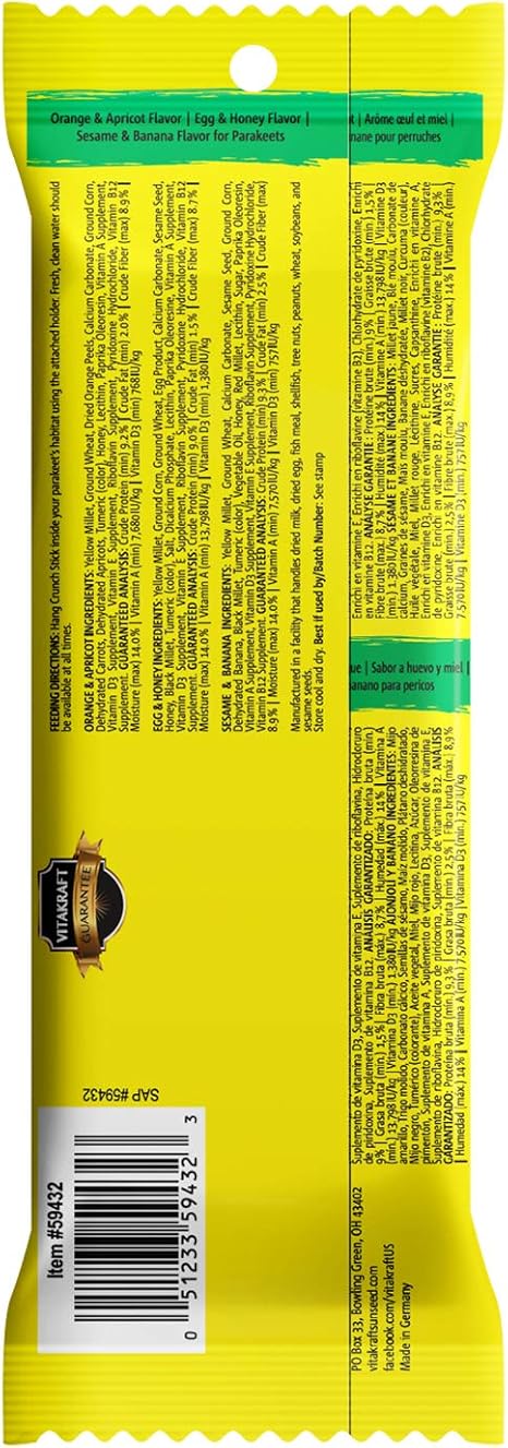 Vitakraft 59432 Crunch Sticks Variety Pack: Orange & Apricot Flavor, Egg & Honey Flavor, Sesame & Banana Flavor Treats for Parakeets, 2.4 oz