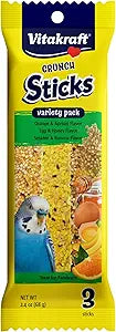 Vitakraft 59432 Crunch Sticks Variety Pack: Orange & Apricot Flavor, Egg & Honey Flavor, Sesame & Banana Flavor Treats for Parakeets, 2.4 oz
